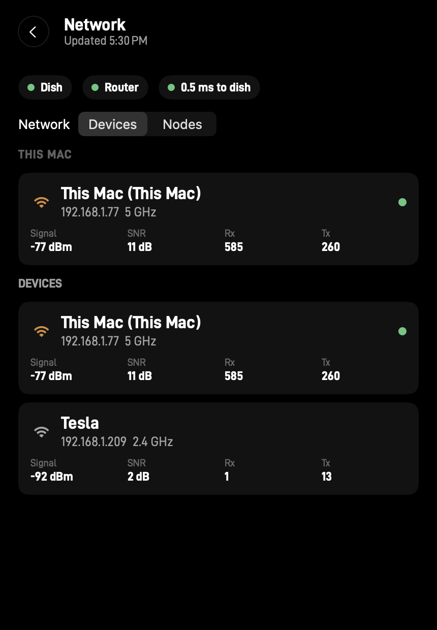 StarBar network screen showing local Starlink router and client telemetry on macOS